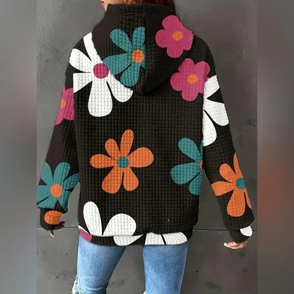 Floral Print Textured Drawstring Hoodie - Picture 2 of 11